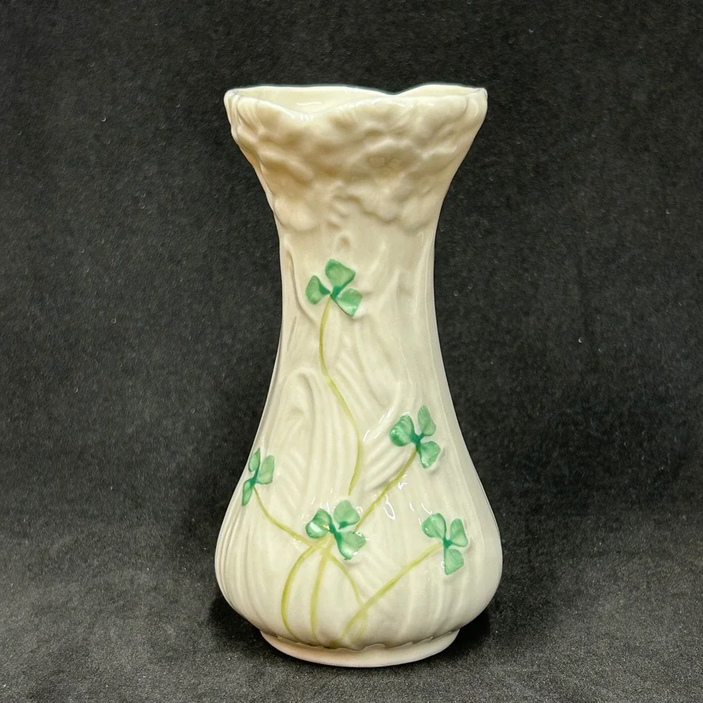 Belleek Ireland Shamrock Bud Vase Basketweave Parian China Green Mark Mini